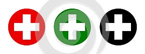 Set white cross on red, green, black button. Medicine health hospital collection of signs symbol. Medical symbols isolated