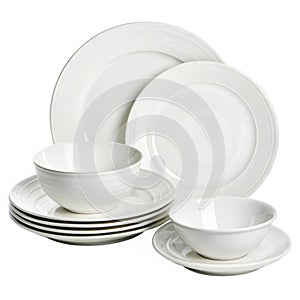 Set of white dishes isolated on white background