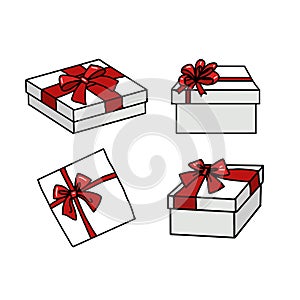 Set of white doodle Gift boxes with red bows in cartoon style.