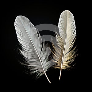 Set of white feathers isolated cutout on a black background