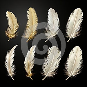 Set of white feathers isolated cutout on a black background