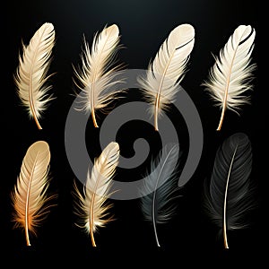 Set of white feathers isolated cutout on a black background