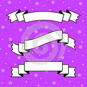 Set of white flat insulated ribbon banner with a black outline on a purple background