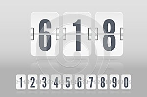 Set of white flip score board numbers floating with reflection for countdown timer or calendar. Vector template