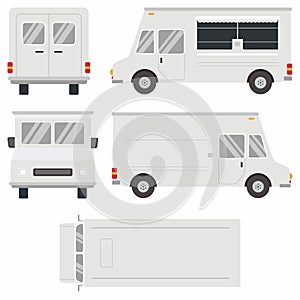 Set of white food truck. Mobile kitchen van isolated on white background. Corporate identity element. View from side, front, back