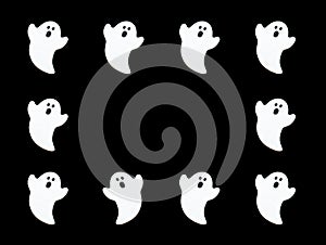Set of white ghosts  on black color background. Halloween ornament is colorful Tones