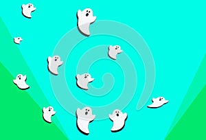 Set of white ghosts is blown up isolated on 3green colors background. Halloween ornament is colorful Tones