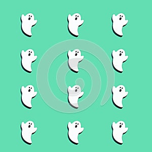 Set of white ghosts  on green color background. Halloween ornament is colorful Tones