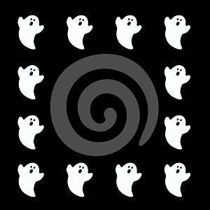 Set of white ghosts isolated on black color background. Halloween ornament is colorful Tones