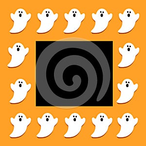 Set of white ghosts isolated on orange color background. Halloween ornament is colorful Tones