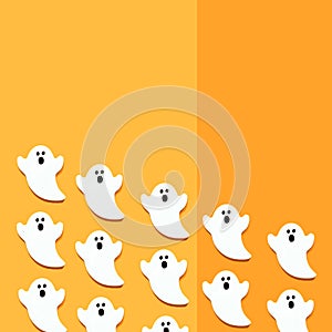 Set of white ghosts  on orange color background. Halloween ornament is colorful Tones