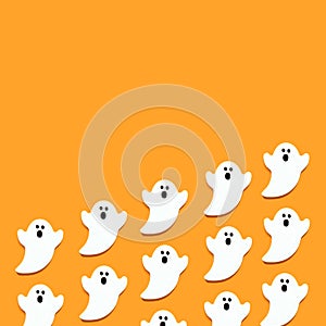 Set of white ghosts  on orange color background. Halloween ornament is colorful Tones