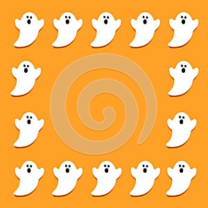 Set of white ghosts  on orange color background. Halloween ornament is colorful Tones