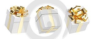 Set of white gift box with gold ribbon and bow 3D rendering