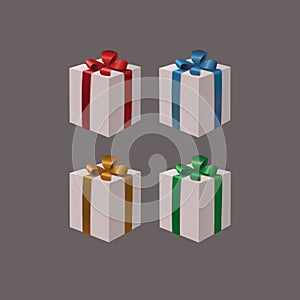 Set of white gift boxes with gold, red, blue, green ribbon bows on a dark background. Black friday cyber monday