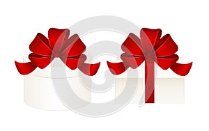 Set of white gift boxes with red bow isolated on white Background.