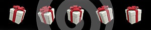 Set of white gift boxes with red ribbon and bows. Isolated on a black background. 3d render