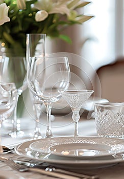 A set of white glassware. Table setting
