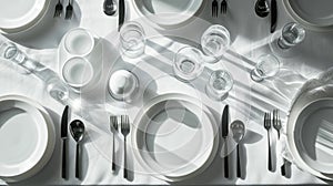 A set of white glassware. Table setting top view