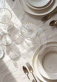 A set of white glassware. Table setting top view