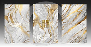 Set of white and gold marble covers. Luxury marble pattern.