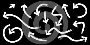 Set of white hand drawn brush stroke bold arrows. Collection of doodle thick arrows in different directions. Vector illustration