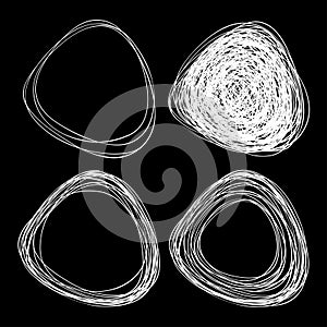 Set of white hand drawn circles using sketch drawing scribble circle lines. Doodle circular logo design elements. Vector