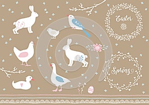 Set of white hand drawn Easter and spring elements. Farm animals, flowers and decorative borders. Vintage design