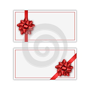 Set of white holiday gift card with red ribbon and bow. Template for a business card, banner, poster, notebook