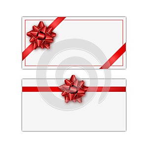 Set of white holiday gift card with red ribbon and bow. Template for a business card, banner, poster, notebook