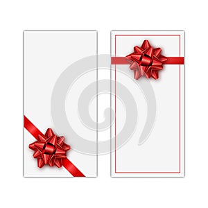 Set of white holiday gift card with red ribbon and bow. Template for a business card, banner, poster, notebook