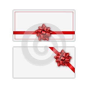 Set of white holiday gift card with red ribbon and bow. Template for a business card, banner, poster, notebook