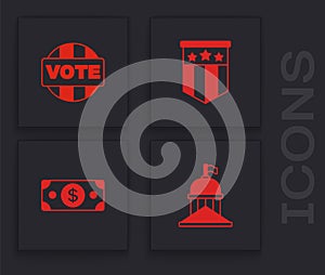 Set White House, Vote, American flag and Stacks paper money cash icon. Vector