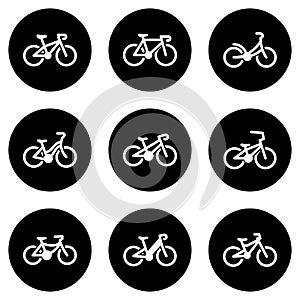 Set of white icons isolated against a black background, on a theme Bike
