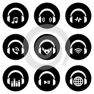 Set of white icons isolated against a black background, on a theme Headphones