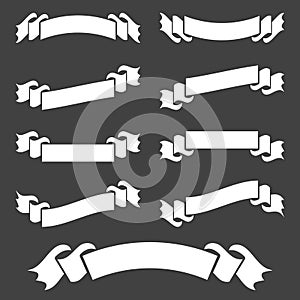 Set of white isolated banner ribbons on black background. Simple flat vector illustration. With space for text. Suitable for