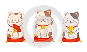 Set of white Japanese lucky cat maneki neko. Traditional Japan culture sculpture vector illustration