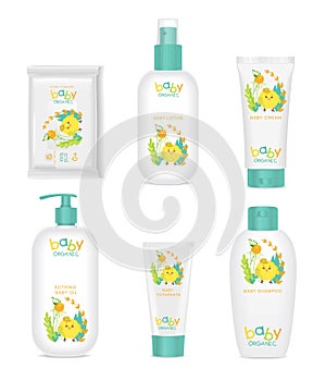 Set of white kids cosmetic packages with bright colorful design. Vector