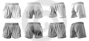 2 Set of white and light grey gray, unisex sports shorts boxer bottom, front, back and side view on transparent cutout, PNG