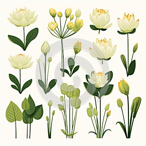 Set of white lotus flowers with green leaves and buds. illustration