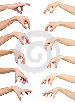 Set of white man and woman hands. Hand picking up something photo