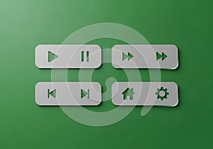 Set of White Media Control Buttons on Green Background for Video Playback and Settings