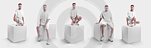 Set of white Mockup  men`s suit oversized t-shirt on shorts on man on cube