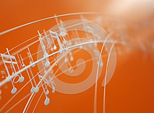 White music notes on orange background abstract 3d illustration