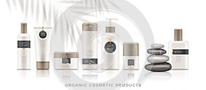 Set of white organic cosmetic packages with bamboo cap on white background. Template of plastic containers - tubes, bottles, jars