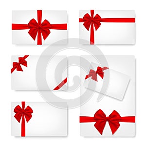 Set of White paper card with gift Red satin Bow. - stock vector