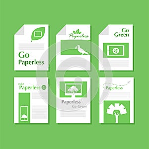 Set of white paper document of green paperless go green logo concept