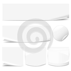 Set of white paper stickers with curled corners