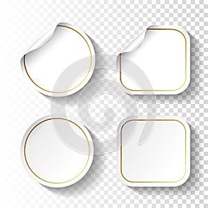 Set of white paper stickers on transparent background. Circle and square labels, buttons.