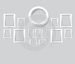 Set of white photo frames. Vector collection of blank photo frames on a gray background.